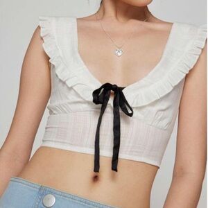 Kimchi Blue Blossom Ruffled Crop Top with Black Bow Small Milkmaid